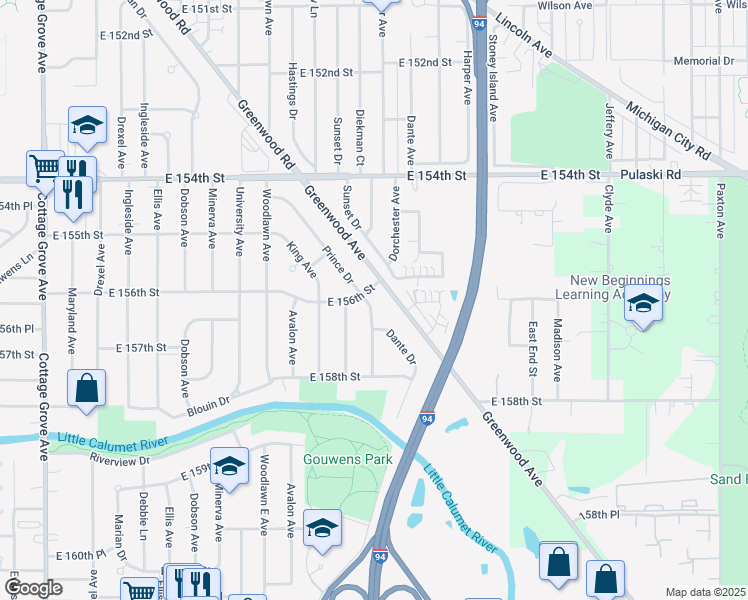 map of restaurants, bars, coffee shops, grocery stores, and more near 15611 Prince Drive in South Holland