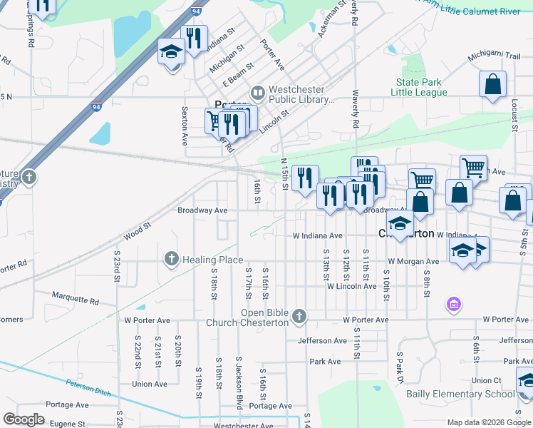 map of restaurants, bars, coffee shops, grocery stores, and more near 1501 Broadway in Chesterton