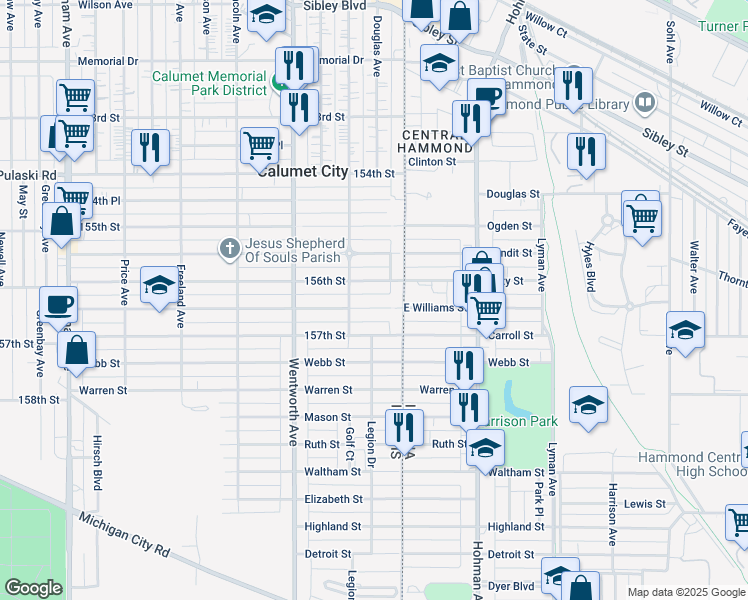 map of restaurants, bars, coffee shops, grocery stores, and more near 26 156th Place in Calumet City