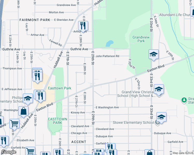 map of restaurants, bars, coffee shops, grocery stores, and more near 1919 E 29th St in Des Moines