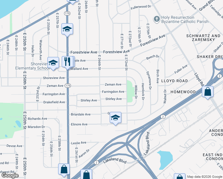 map of restaurants, bars, coffee shops, grocery stores, and more near 26951 Farringdon Avenue in Euclid