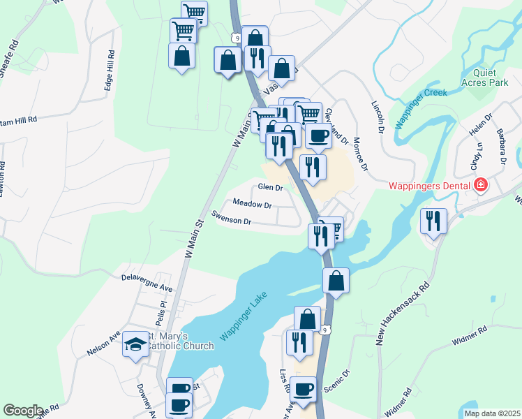 map of restaurants, bars, coffee shops, grocery stores, and more near 26 Meadow Dr in Wappingers Falls