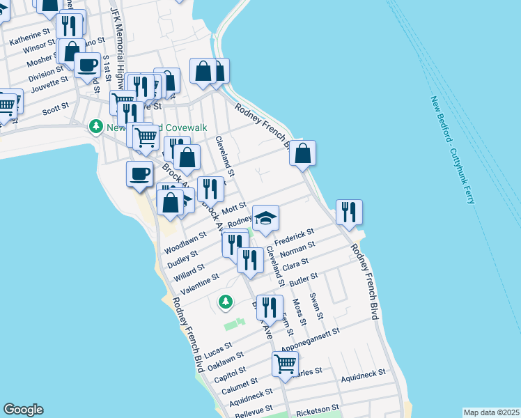 map of restaurants, bars, coffee shops, grocery stores, and more near 67 Rodney Street in New Bedford
