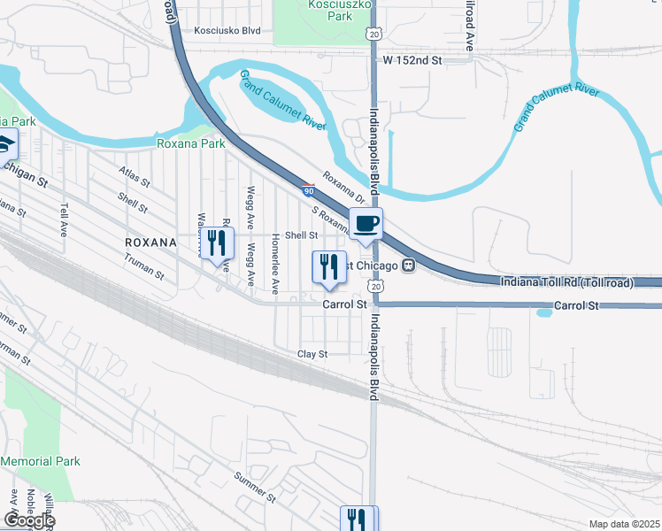 map of restaurants, bars, coffee shops, grocery stores, and more near 5619 Baring Avenue in East Chicago