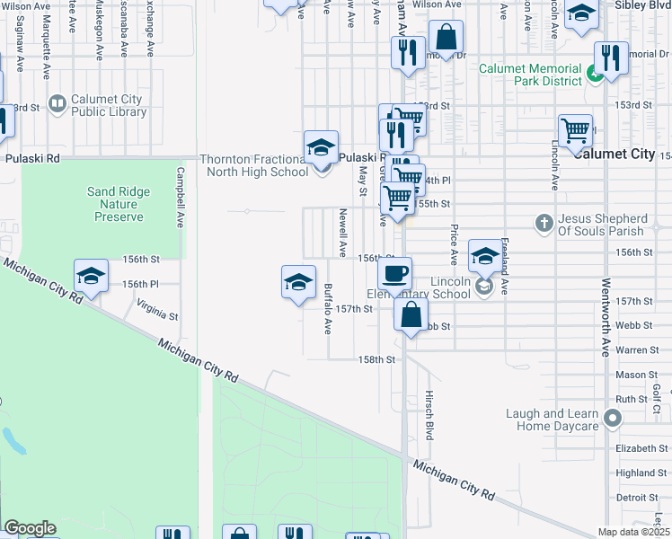 map of restaurants, bars, coffee shops, grocery stores, and more near 783 Buffalo Avenue in Calumet City