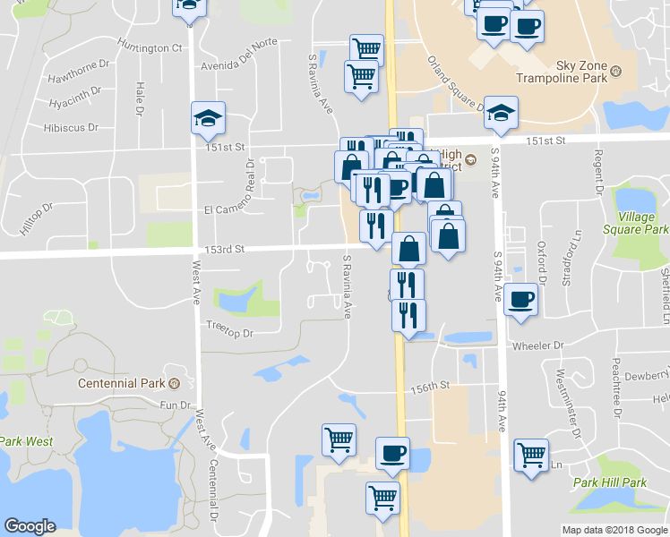 map of restaurants, bars, coffee shops, grocery stores, and more near 15321 Wilshire Dr in Orland Park