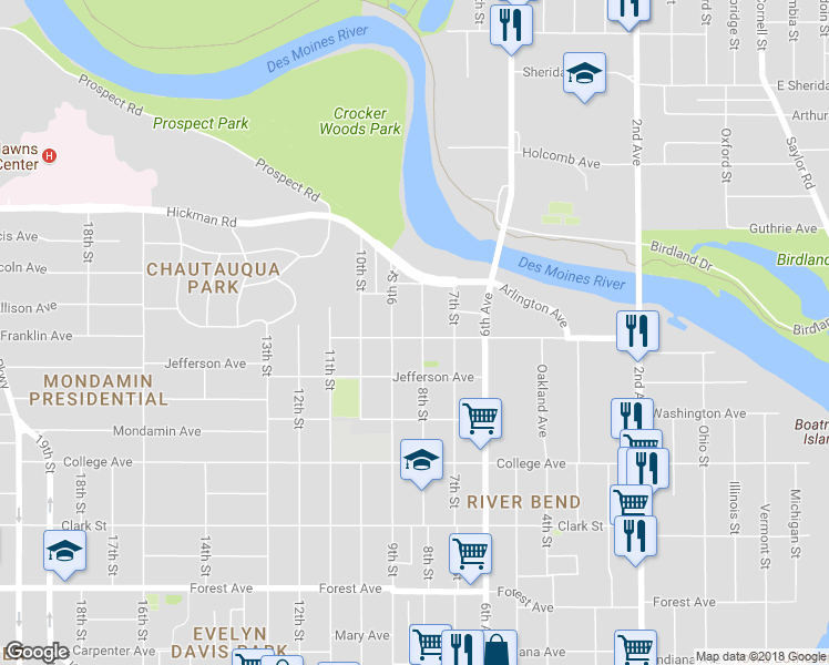 map of restaurants, bars, coffee shops, grocery stores, and more near 1900 8th Street in Des Moines