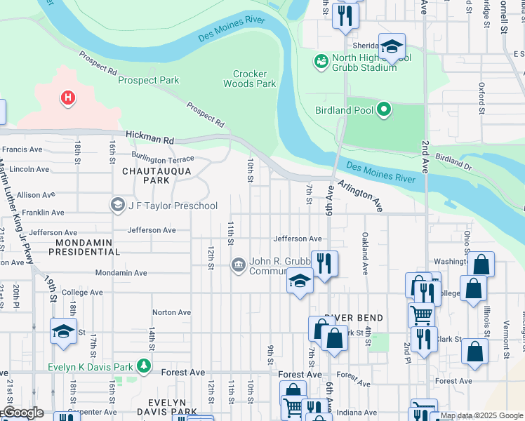 map of restaurants, bars, coffee shops, grocery stores, and more near 911 Franklin Avenue in Des Moines