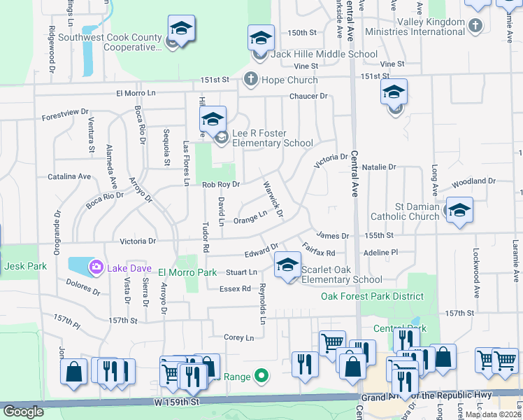 map of restaurants, bars, coffee shops, grocery stores, and more near 5812 Orange Lane in Oak Forest