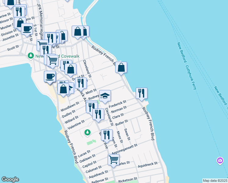 map of restaurants, bars, coffee shops, grocery stores, and more near 36 Rodney Street in New Bedford