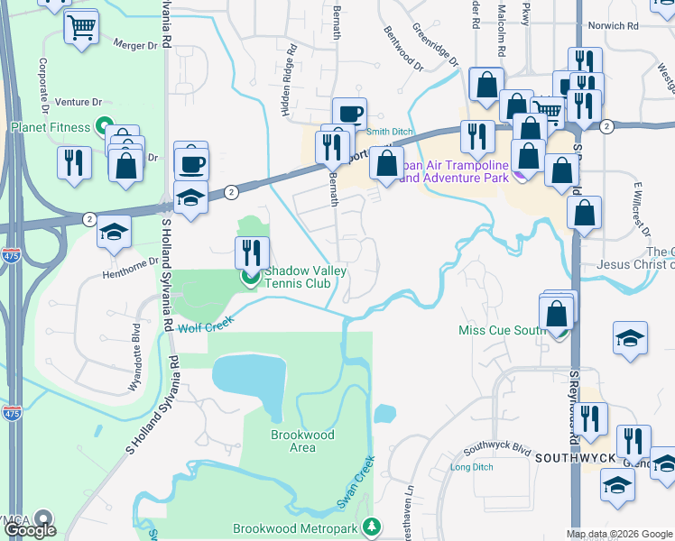 map of restaurants, bars, coffee shops, grocery stores, and more near 1562 Saddlebrook Court in Toledo