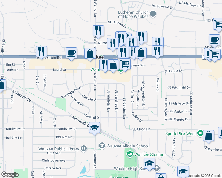 map of restaurants, bars, coffee shops, grocery stores, and more near 375 SE Whitetail Ln in Waukee