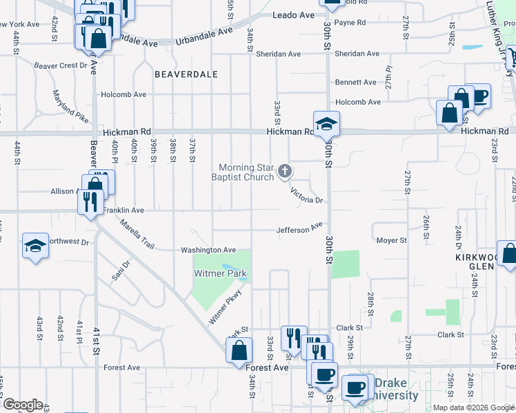 map of restaurants, bars, coffee shops, grocery stores, and more near 1901 34th St in Des Moines