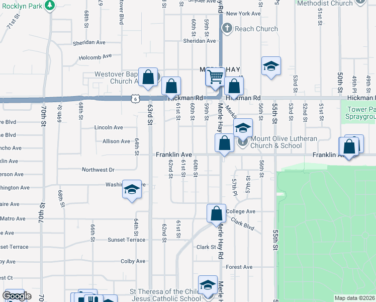 map of restaurants, bars, coffee shops, grocery stores, and more near 6007 Franklin Avenue in Des Moines