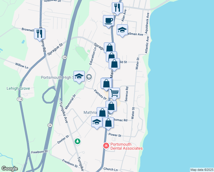 map of restaurants, bars, coffee shops, grocery stores, and more near 3044 East Main Road in Portsmouth