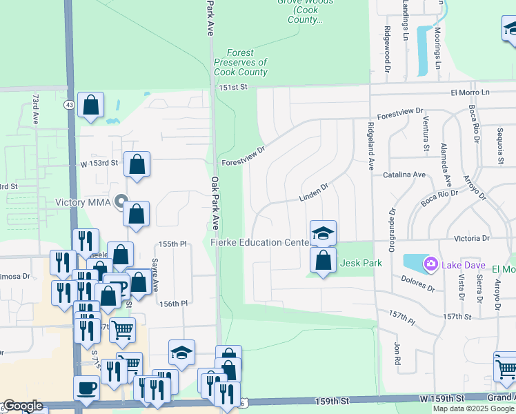 map of restaurants, bars, coffee shops, grocery stores, and more near 6629 Linden Drive in Oak Forest