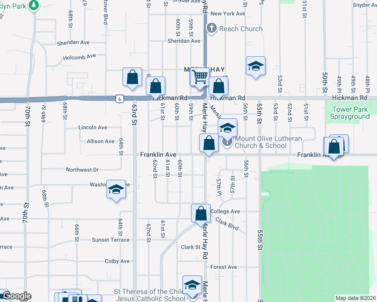 map of restaurants, bars, coffee shops, grocery stores, and more near 5901 Franklin Avenue in Des Moines