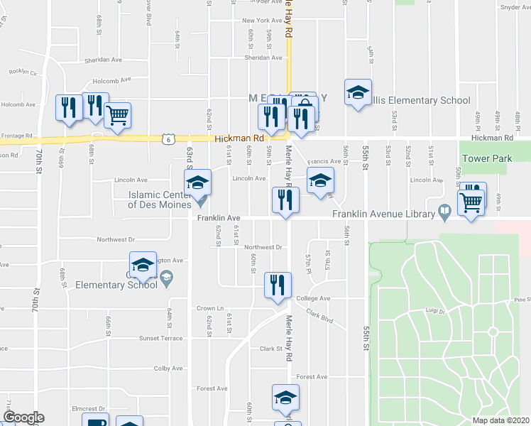 map of restaurants, bars, coffee shops, grocery stores, and more near 5901 Franklin Avenue in Des Moines