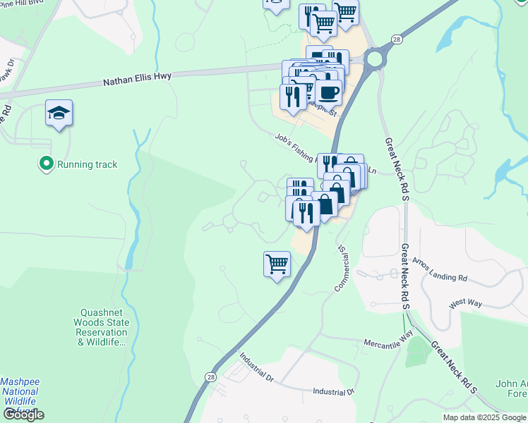 map of restaurants, bars, coffee shops, grocery stores, and more near 661 Falmouth Road in Mashpee