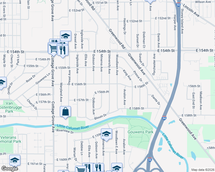 map of restaurants, bars, coffee shops, grocery stores, and more near 15600 University Avenue in Dolton