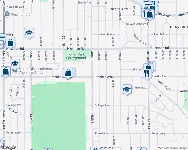 map of restaurants, bars, coffee shops, grocery stores, and more near 4719 Franklin Avenue in Des Moines
