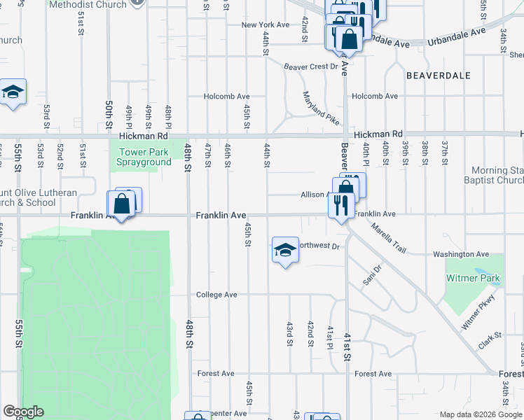 map of restaurants, bars, coffee shops, grocery stores, and more near 1900 44th Street in Des Moines