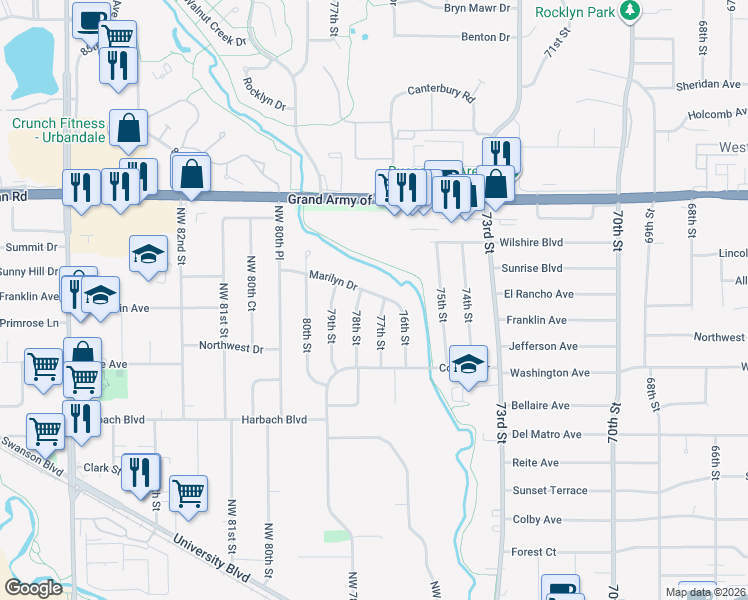 map of restaurants, bars, coffee shops, grocery stores, and more near 7700 Marilyn Drive in Windsor Heights