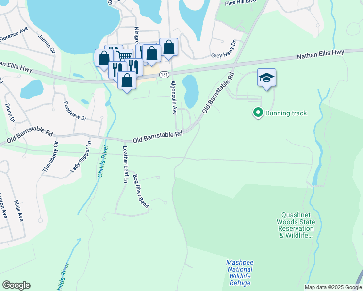 map of restaurants, bars, coffee shops, grocery stores, and more near 614 Old Barnstable Road in Mashpee