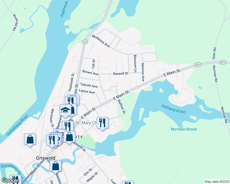 map of restaurants, bars, coffee shops, grocery stores, and more near 16 Mary Street in Griswold