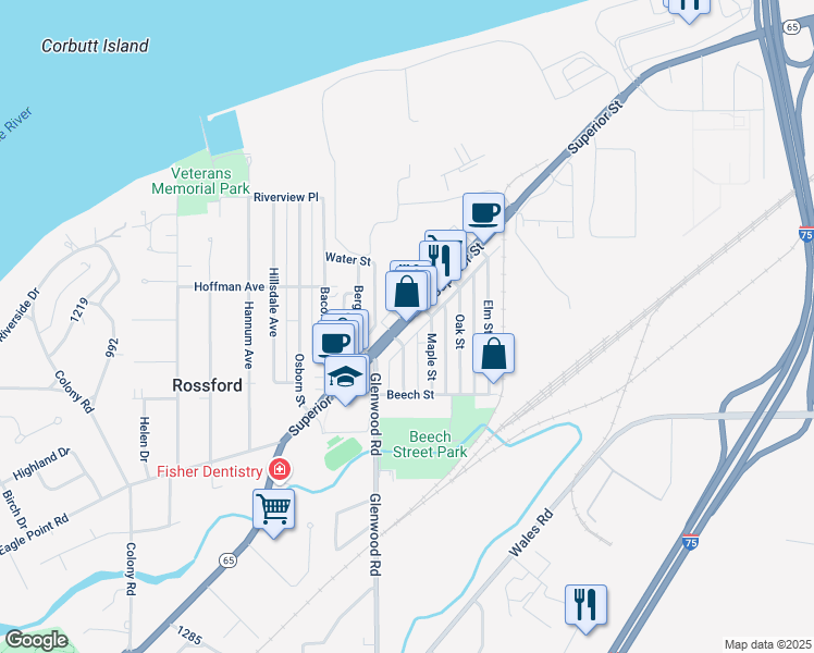 map of restaurants, bars, coffee shops, grocery stores, and more near 411 Superior Street in Rossford