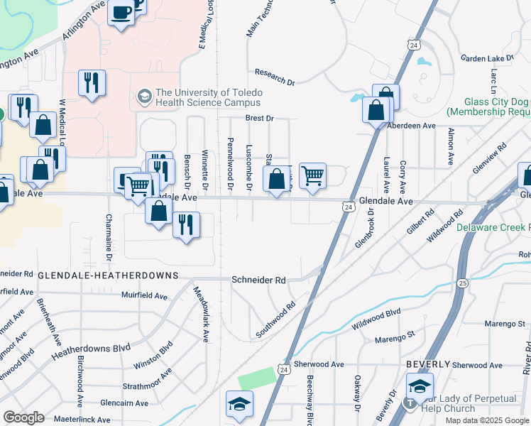 map of restaurants, bars, coffee shops, grocery stores, and more near 2707 Glendale Avenue in Toledo