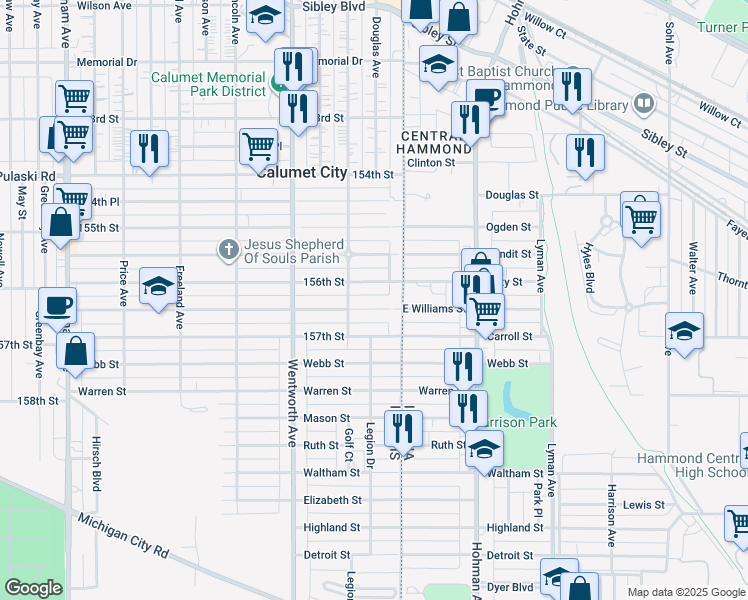 map of restaurants, bars, coffee shops, grocery stores, and more near 26 156th Place in Calumet City