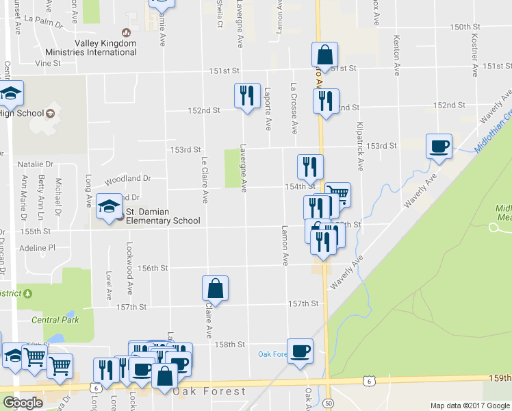 map of restaurants, bars, coffee shops, grocery stores, and more near 15411 Lavergne Avenue in Oak Forest