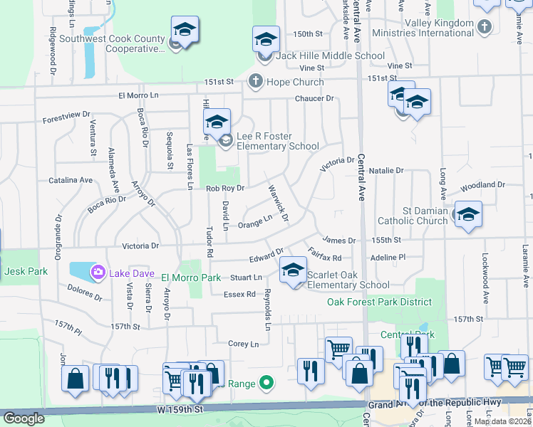 map of restaurants, bars, coffee shops, grocery stores, and more near 5812 Orange Lane in Oak Forest
