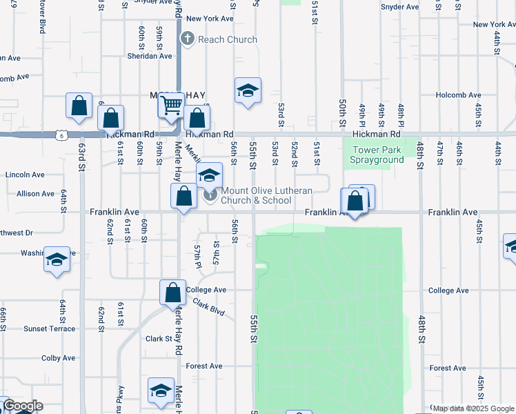 map of restaurants, bars, coffee shops, grocery stores, and more near 1901 55th Street in Des Moines