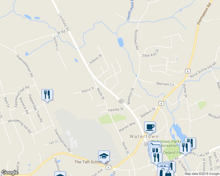 map of restaurants, bars, coffee shops, grocery stores, and more near 102 Litchfield Road in Watertown