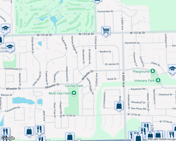 map of restaurants, bars, coffee shops, grocery stores, and more near 8230 Wheeler Drive in Orland Park