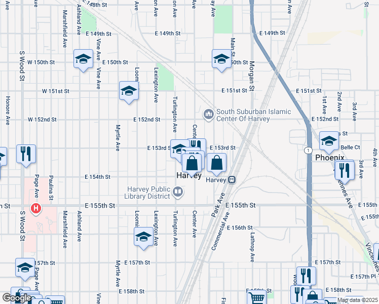 map of restaurants, bars, coffee shops, grocery stores, and more near 15304 Center Avenue in Harvey