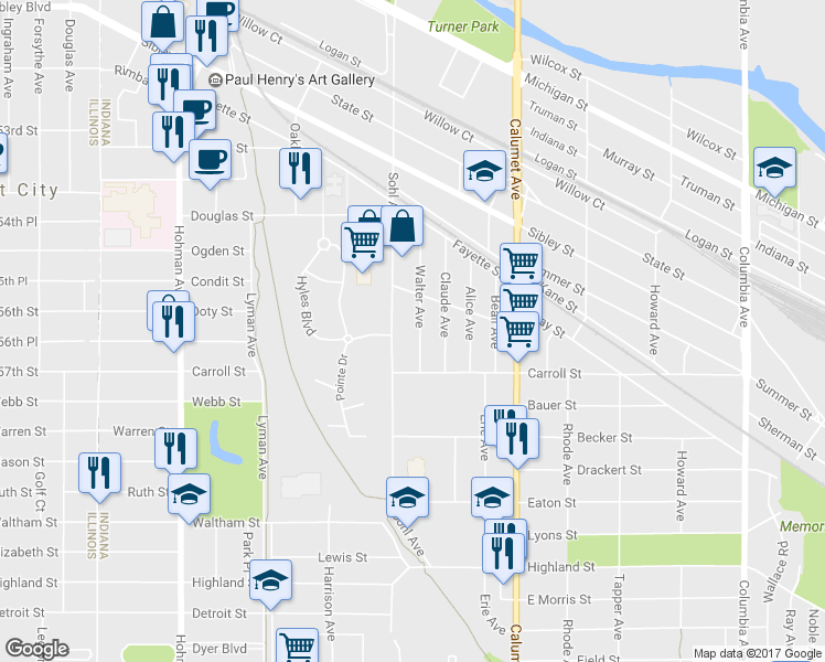 map of restaurants, bars, coffee shops, grocery stores, and more near 5630 Walter Avenue in Hammond