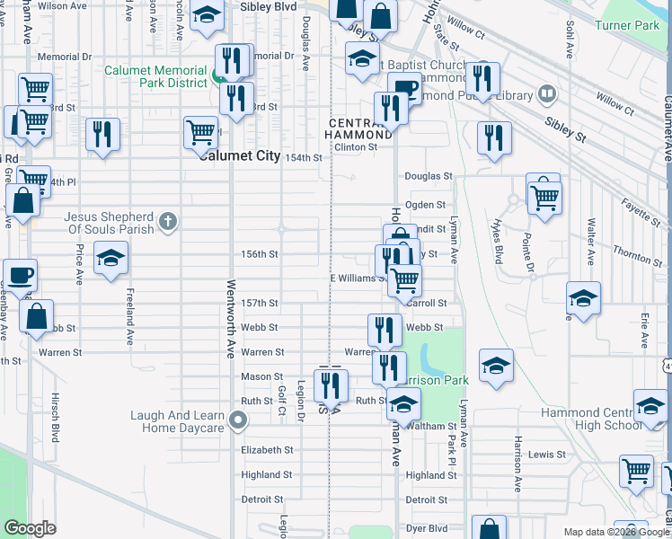 map of restaurants, bars, coffee shops, grocery stores, and more near 5 East Williams Street in Hammond