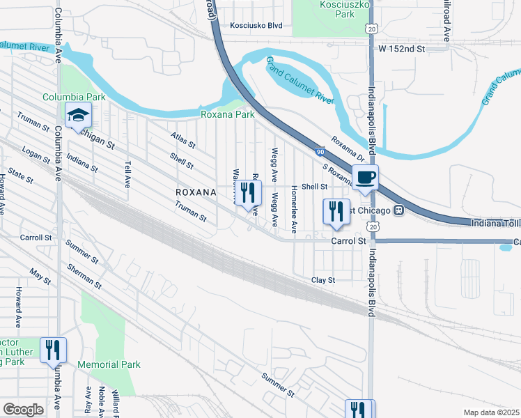 map of restaurants, bars, coffee shops, grocery stores, and more near 5621 Reading Avenue in East Chicago