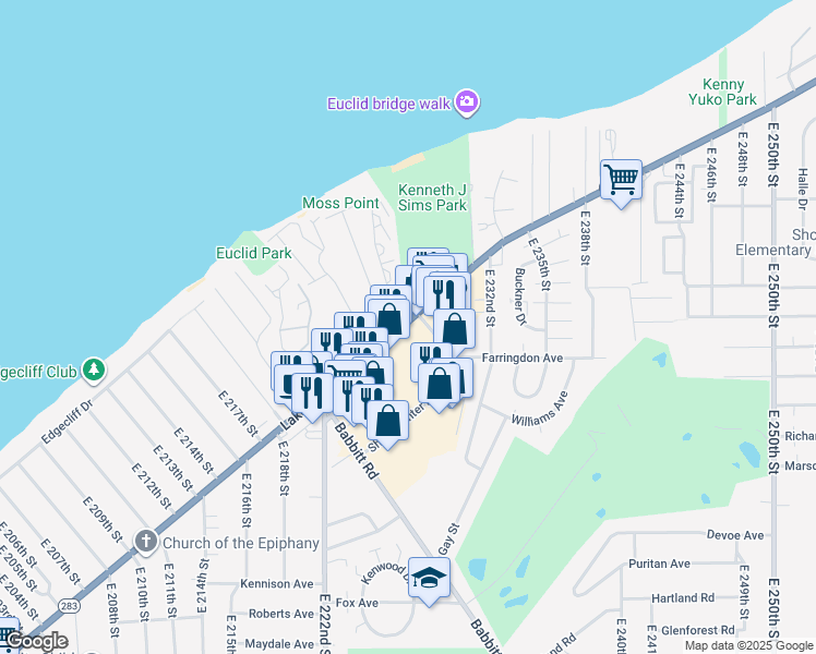 map of restaurants, bars, coffee shops, grocery stores, and more near 22628 Lakeshore Blvd in Euclid