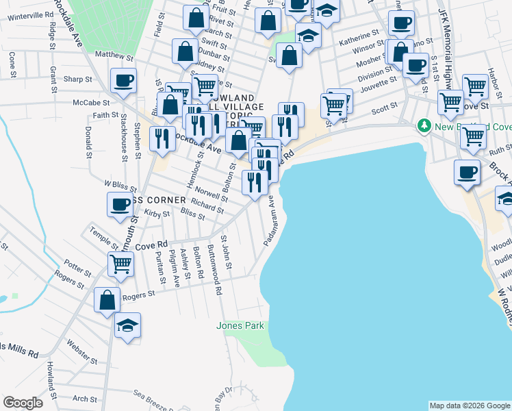 map of restaurants, bars, coffee shops, grocery stores, and more near 1532 Cove Road in New Bedford