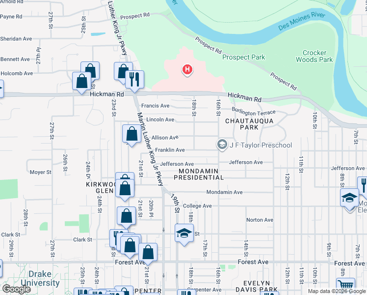 map of restaurants, bars, coffee shops, grocery stores, and more near 1819 Franklin Avenue in Des Moines