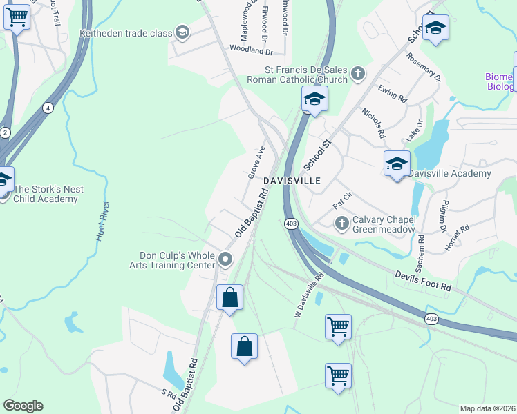 map of restaurants, bars, coffee shops, grocery stores, and more near 85 Old Baptist Road in North Kingstown