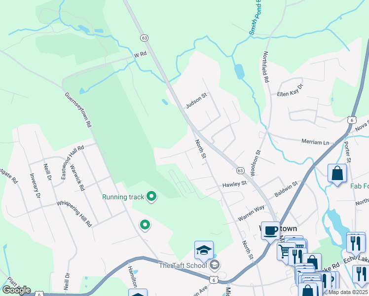 map of restaurants, bars, coffee shops, grocery stores, and more near 32 Walnut Street in Watertown