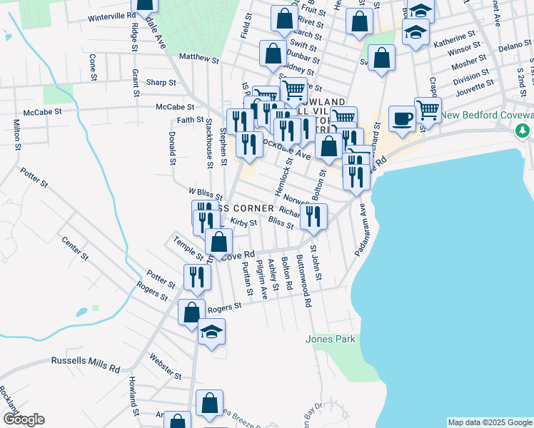 map of restaurants, bars, coffee shops, grocery stores, and more near 369 Hemlock Street in Dartmouth