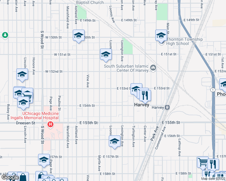 map of restaurants, bars, coffee shops, grocery stores, and more near 15303 Loomis Avenue in Harvey