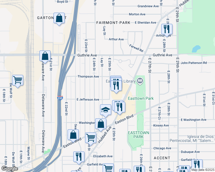 map of restaurants, bars, coffee shops, grocery stores, and more near 1924 E 25th St in Des Moines