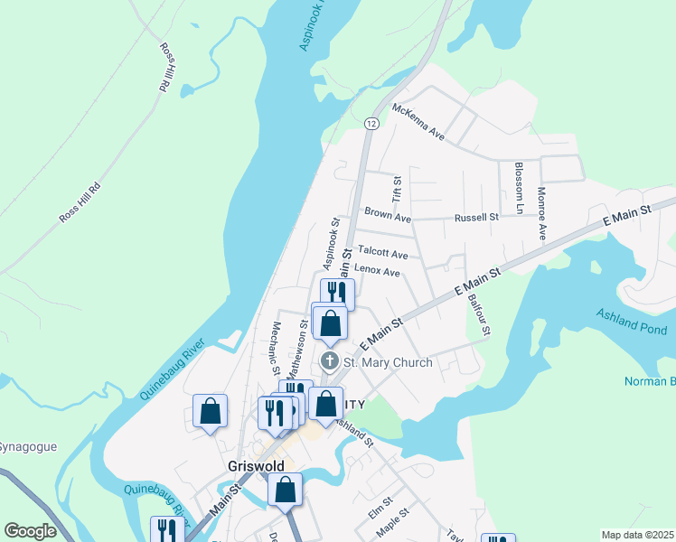 map of restaurants, bars, coffee shops, grocery stores, and more near 140 North Main Street in Griswold